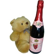1 bottle of champagne  with small size cute teddy bear.