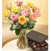 1 Dozen Mixed Roses in a Vase with Box of Chocolate.