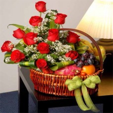  1 Dozen Red Roses w/ Mixed Fruits in a Basket.