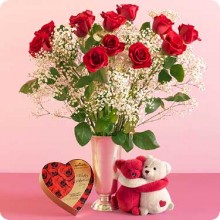 Red Roses With Baby's Breath in A Vase 