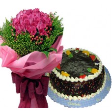 48 Pink Roses with Fruity Choco Cake