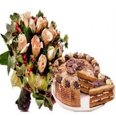 12 champagne roses with Mocha Choco Crumble Cake