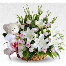 White Flowers with Teddy Bear